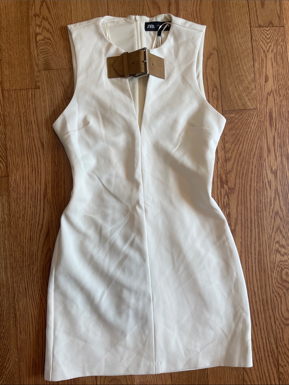 Zara White Mini Dress with Tan Buckle Detail